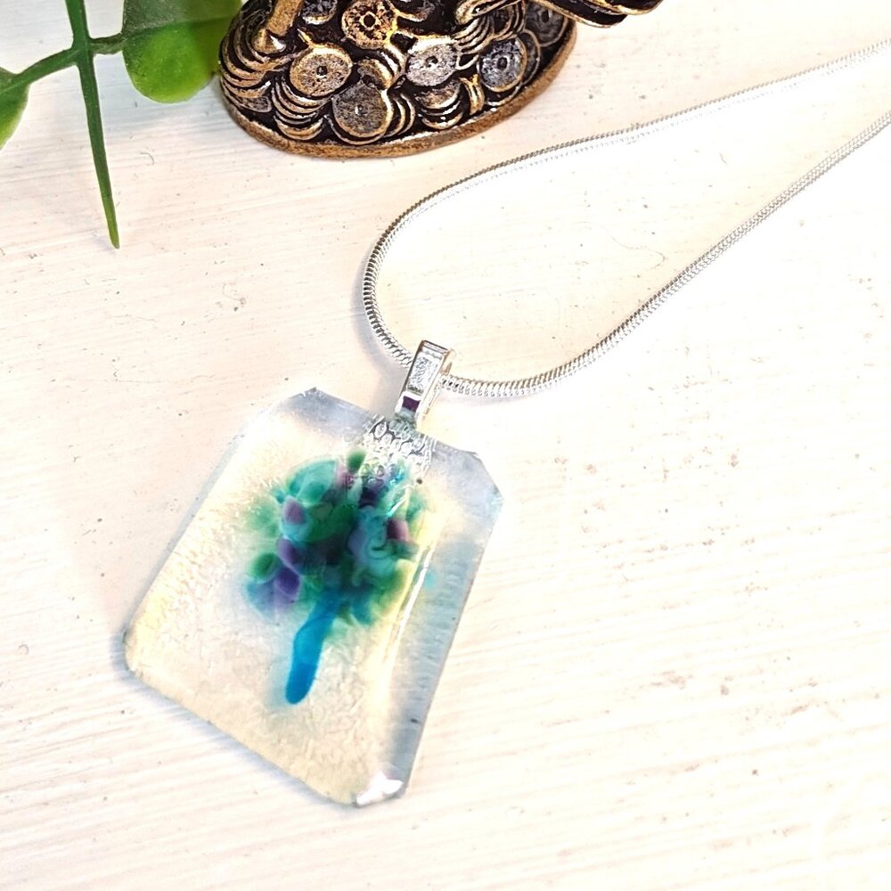 Sculptured blue tone floral pendant Handcrafted fused glass jewelry + necklace